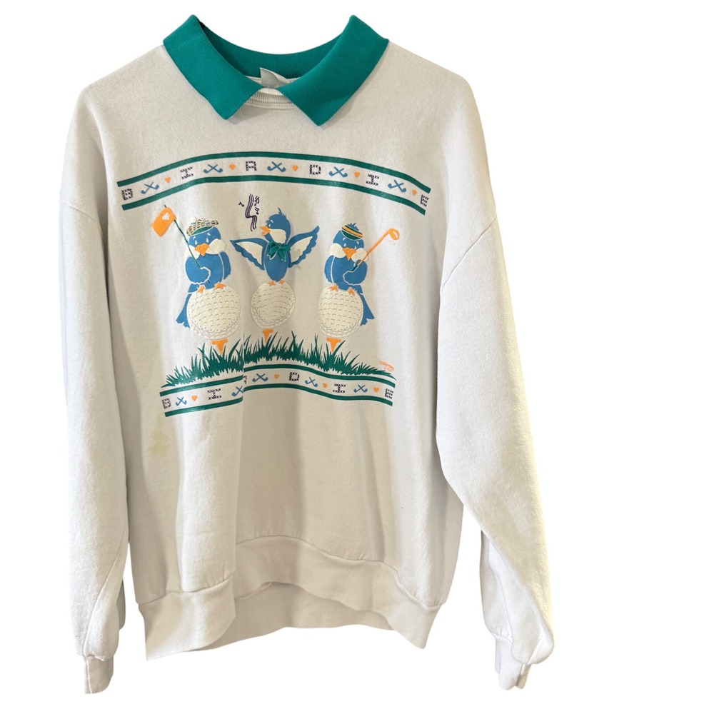 Vintage 90s Bloomin & Co Bluebird‎ Golf Collared Sweatshirt Cottage Grandma L